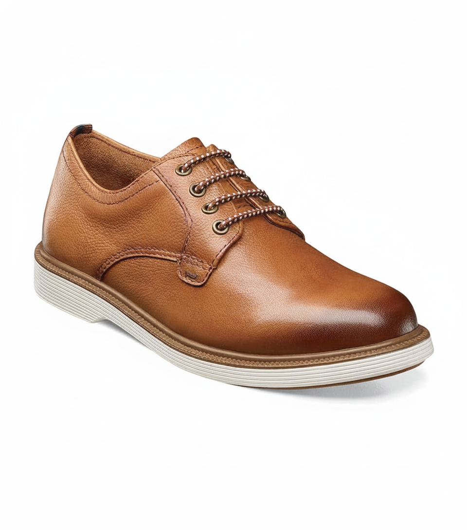 Men's brown leather casual derby shoe with a smooth toe, textured sides, two-tone laces, and a white sole.