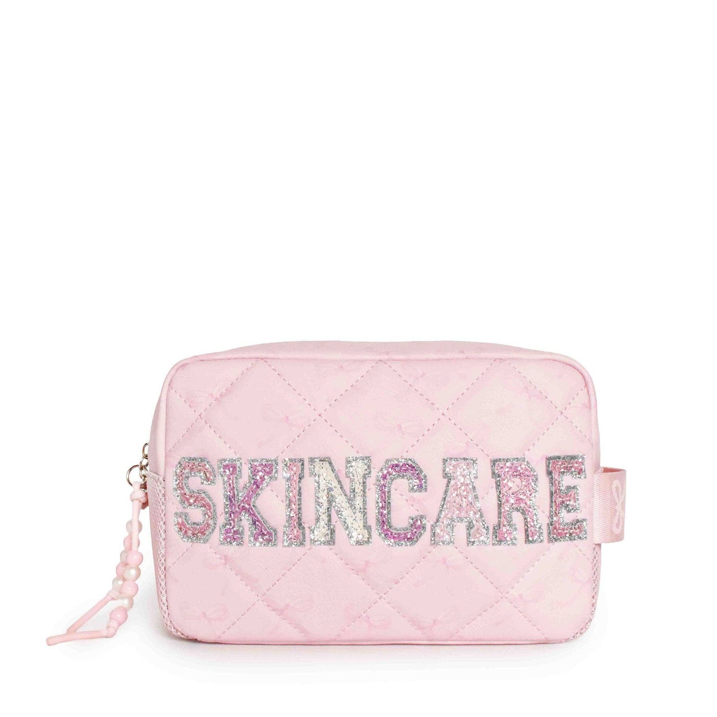 'Skincare' Quilted Bow Print Cosmetic Pouch