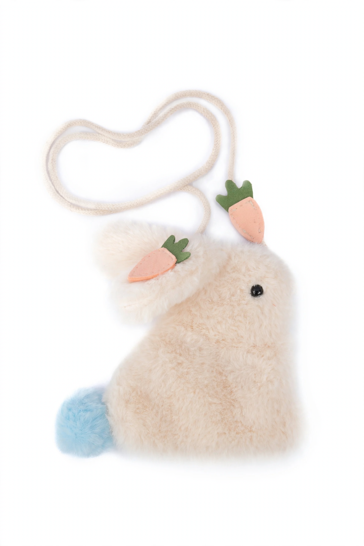 A fluffy cream-colored plush bunny shoulder bag with a cream strap, featuring embroidered carrot details on its ears and a small blue pom-pom tail, set against a plain white background.