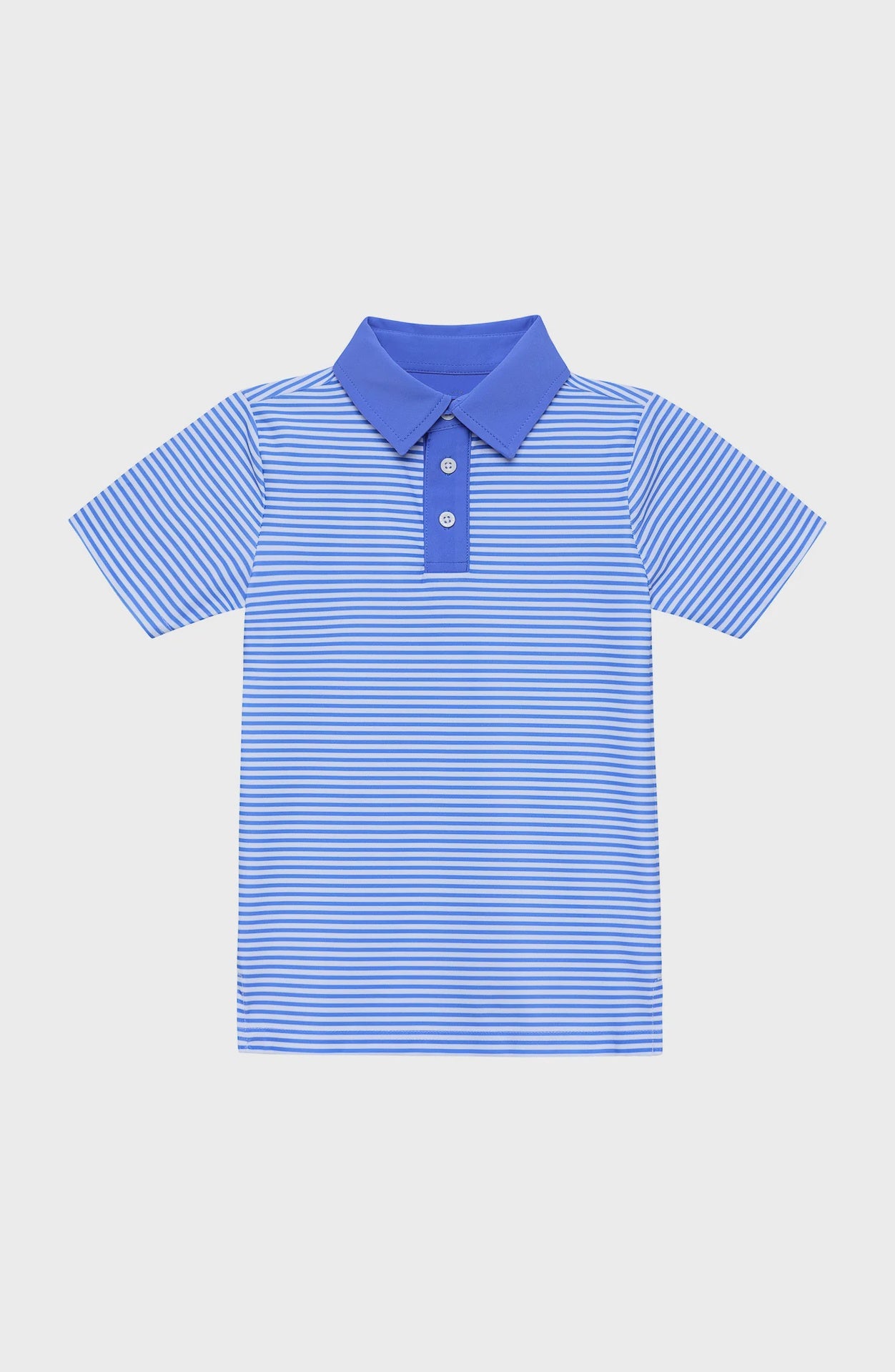 Kids' striped polo shirt with light and royal blue horizontal stripes, a royal blue collar, short sleeves, and a two-button placket.