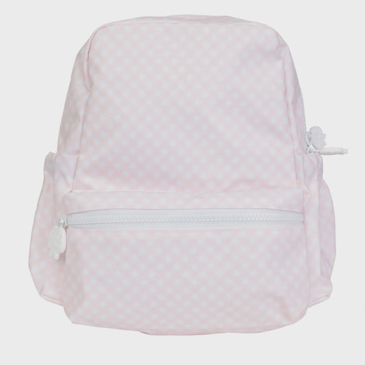 Pink and white gingham large backpack with a front zippered pocket and white flower-shaped zipper pulls.