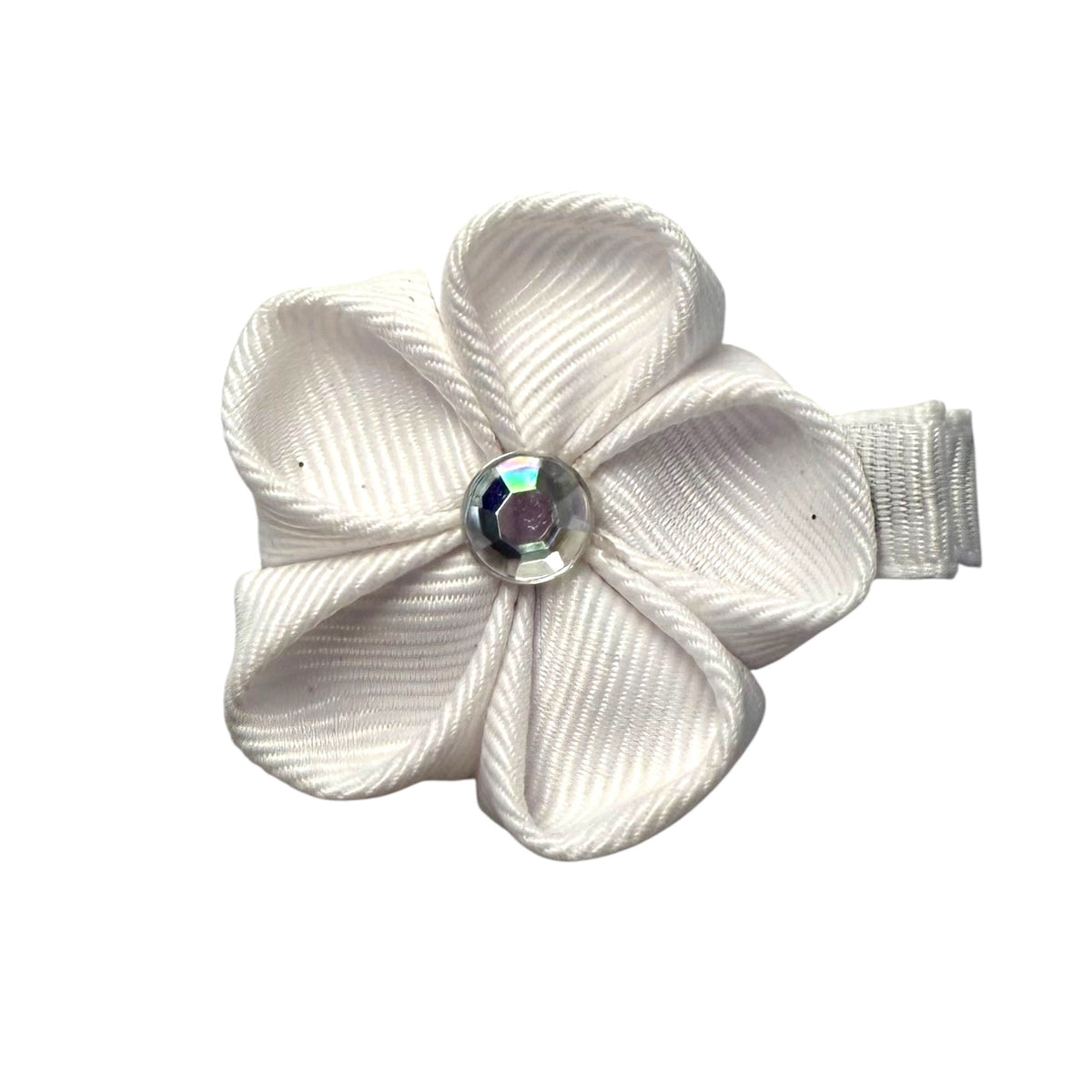 White fabric flower hair clip with five petals and a clear iridescent gem in the center, attached to a small white clip.