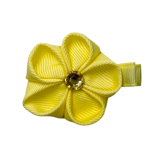 Yellow ribbed ribbon flower hair clip with a faceted gold gem in the center.