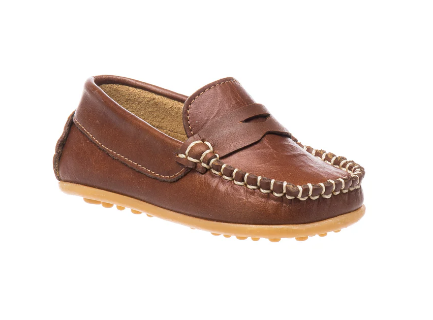 Brown leather toddler penny loafer with light stitching and a tan nubbed sole.