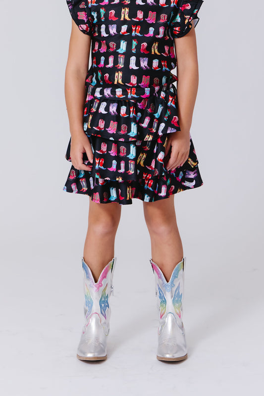 Terez Girls Hi-shine Tiered Skirt in Cowgirl Boots on Black on model