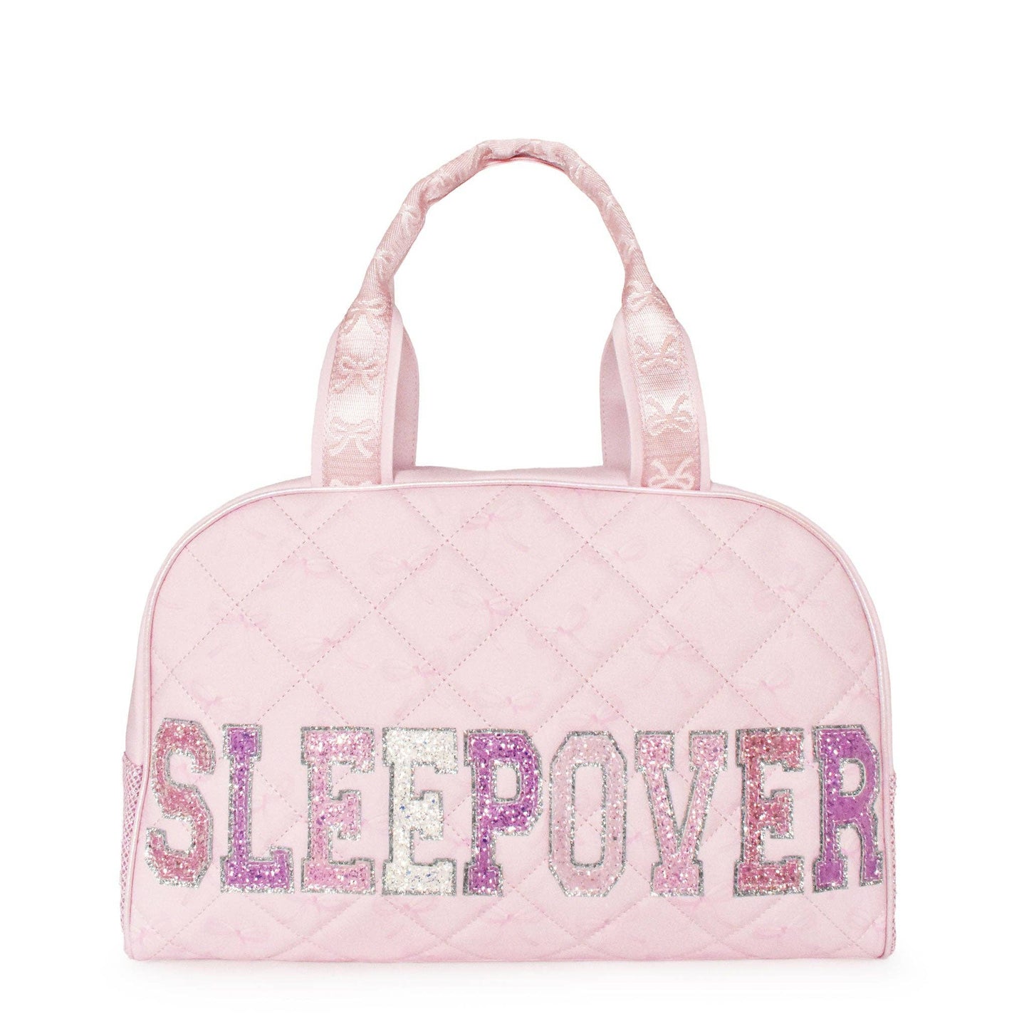 'SLEEPOVER' Quilted Bow Print Medium Duffle Bag