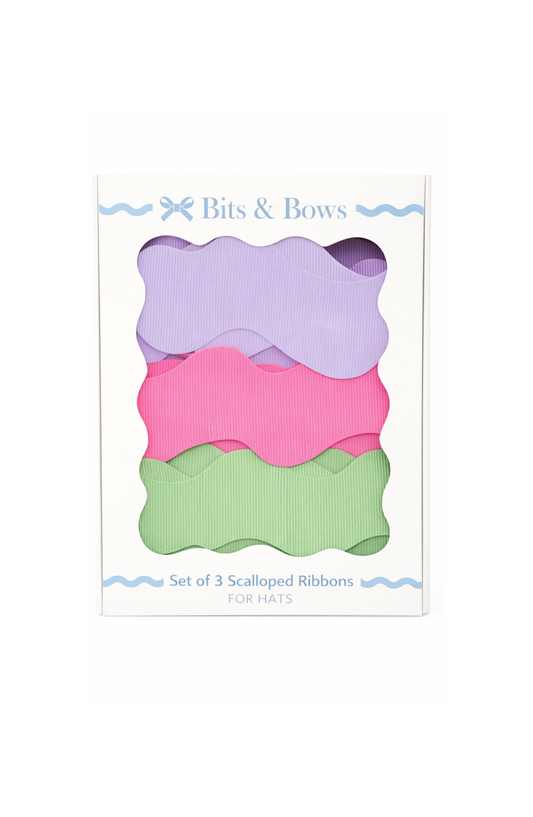 Bits & Bows Garden Party set of three scalloped grosgrain hat ribbons in lavender, pink and green.