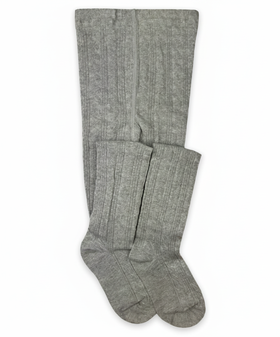 Pair of classic cable knit tights in a solid light gray color, featuring ribbed texture and a comfortable fit.