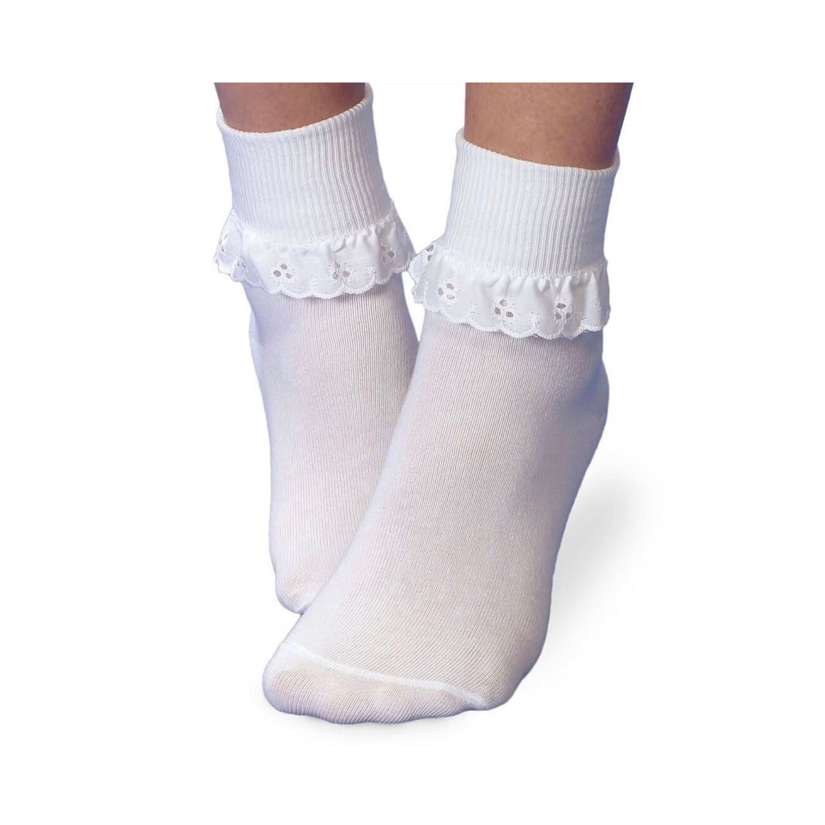 White turn cuff socks with ruffled eyelet lace trim around the ankles.