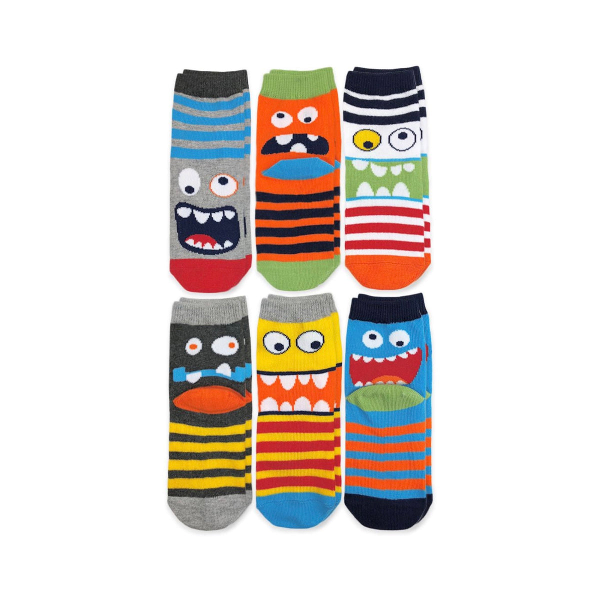 Six pairs of multicolored monster-patterned crew socks with various striped designs.