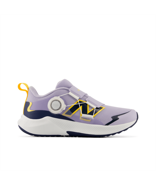 Lavender and navy blue New Balance children's athletic shoe with a BOA dial, hook-and-loop straps, yellow accents, and a white sole.