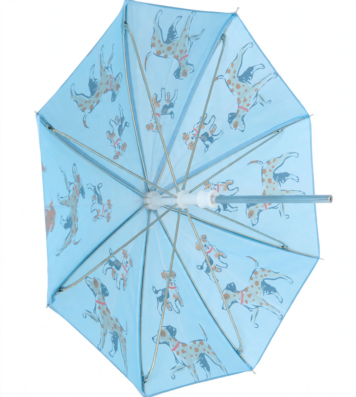 Interior view of blue umbrella showing metal ribs and dog print underside