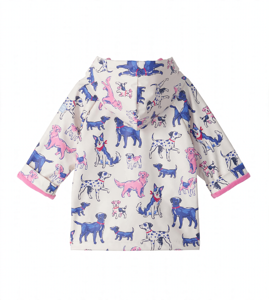 Back view of infant rain coat with hood, pink lining, and blue and pink puppy print