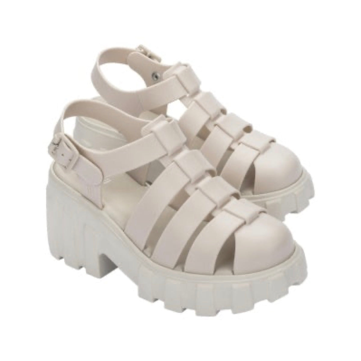 Pair of light beige Mini Melissa Megan platform sandals with a caged upper, ankle strap, and chunky lug sole.
