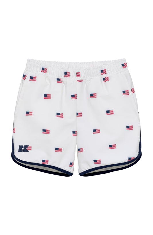 Boy's Retro Super Short - Old Glory Print/Navy Piping
