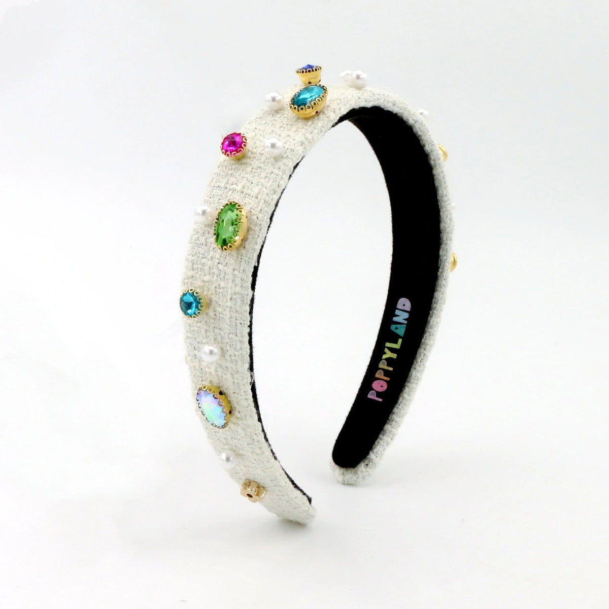 White Tweed Bejeweled Headband by Poppyland