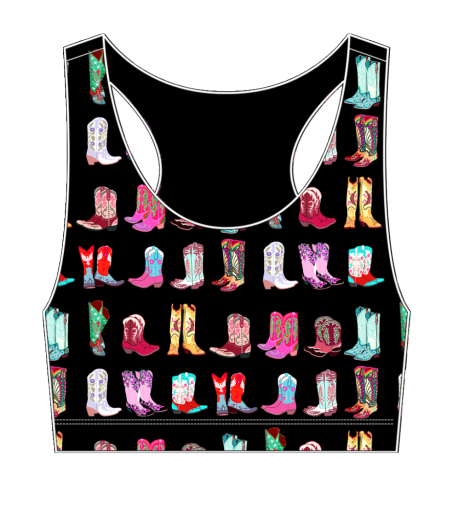 GIRLS HI-SHINE SPORTS BRA IN COWGIRL BOOTS ON BLACK