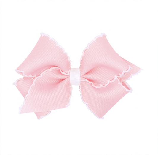 Light pink grosgrain bow with white moonstitch edges and a white center wrap.