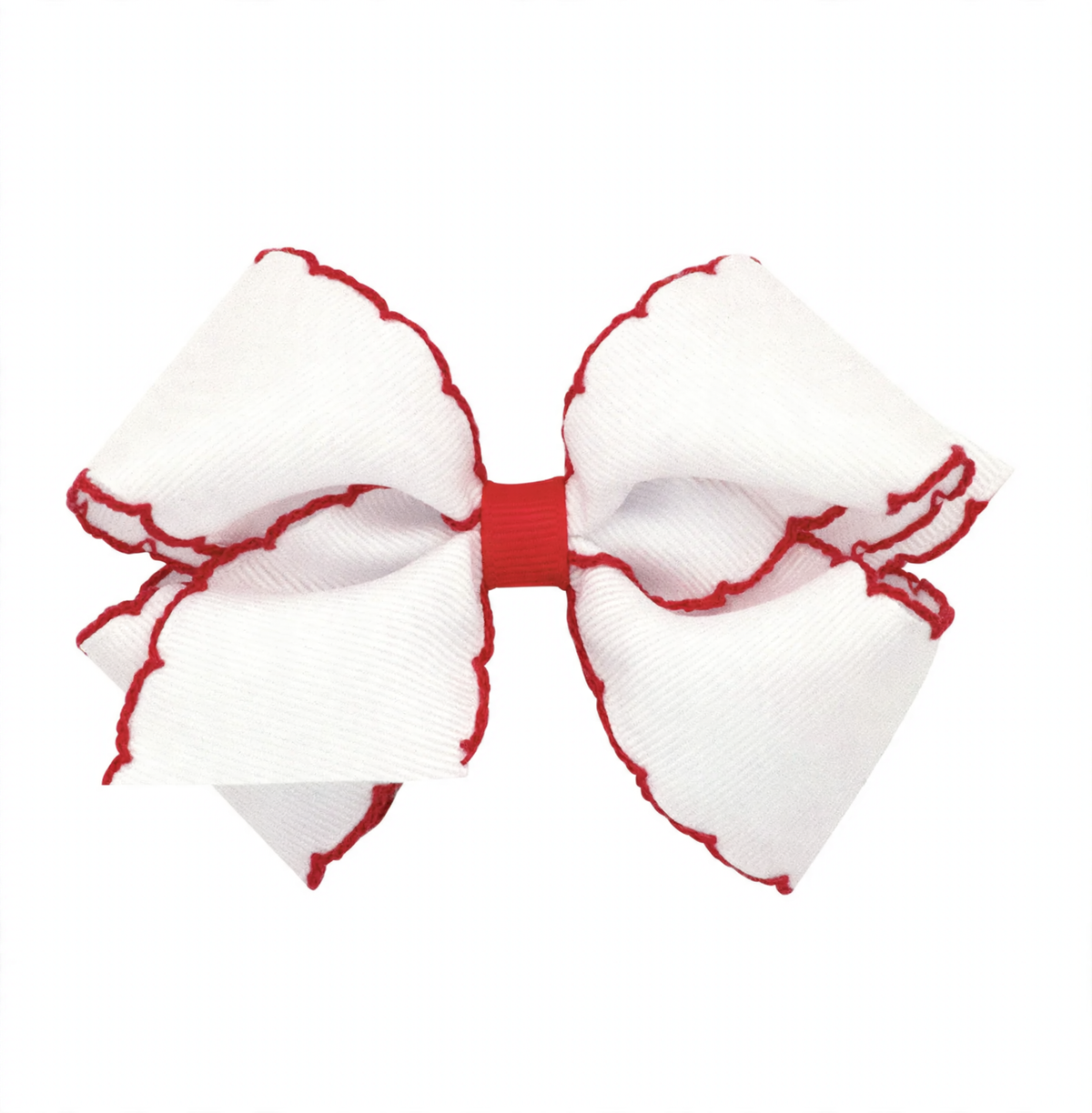 Small white grosgrain bow with red moonstitch scalloped edges and a red center wrap.