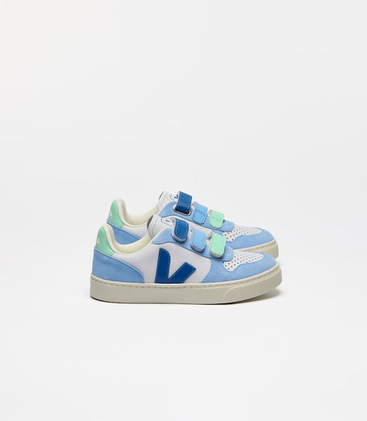 Children's Veja V-10 sneakers in white and light blue with dark blue V logo, light blue and mint green velcro straps, and light green heel accents.