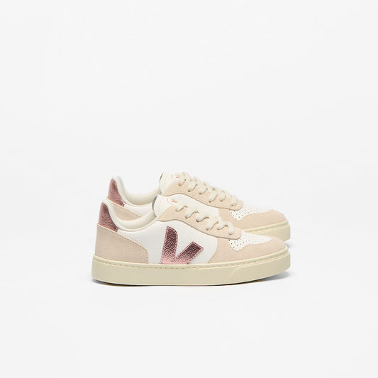 VEJA Small V-10 Laces in White/Nacre/Sable, side view.