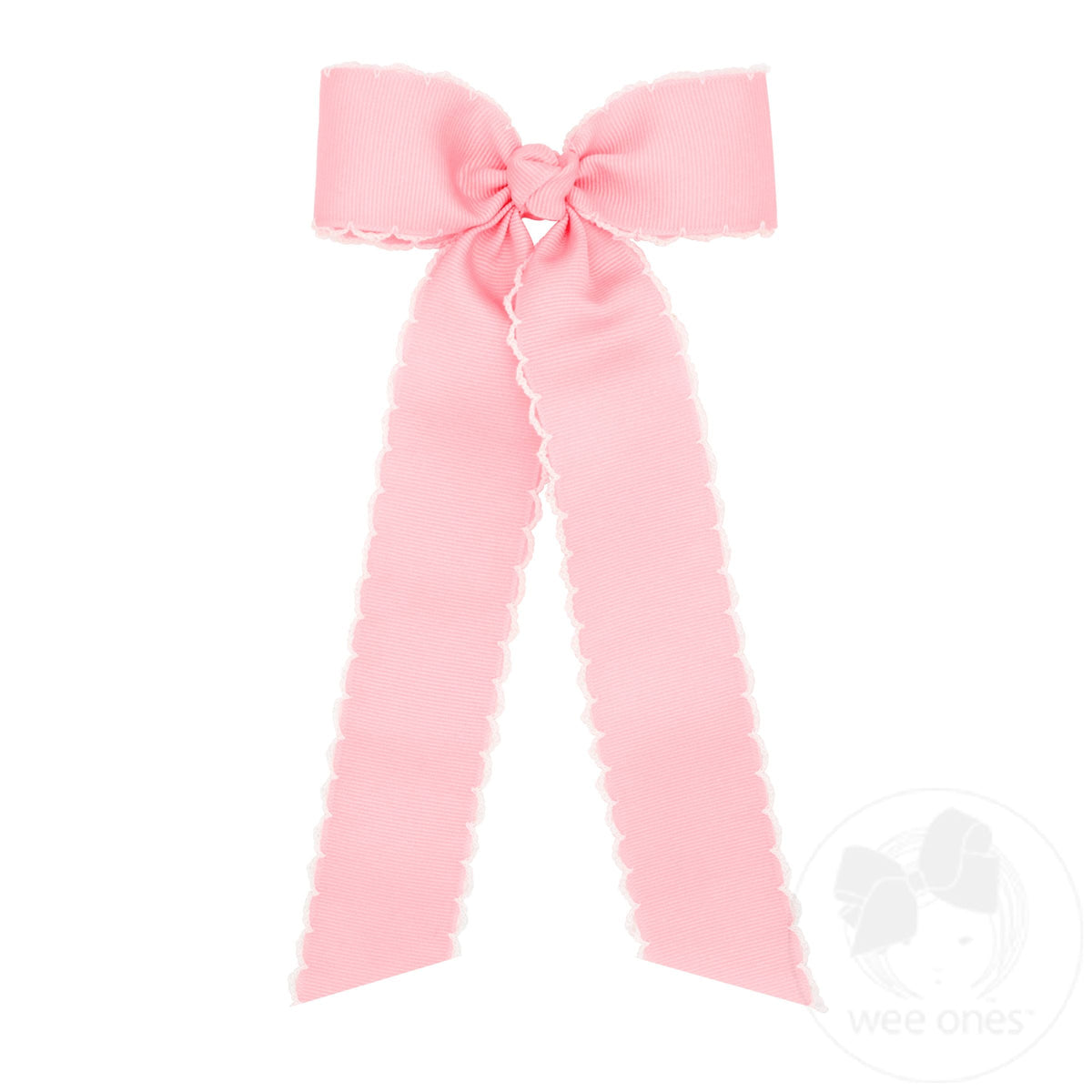 Medium Grosgrain Moonstitch Hair Bowtie with Knot Wrap and Streamer Tails – Light Pink with White/LPW