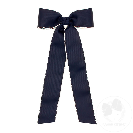 Medium Grosgrain Moonstitch Hair Bowtie with Knot Wrap and Streamer Tails – Navy with White/NVW