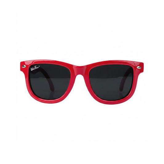 Red Wayfarer-style sunglasses with dark lenses and silver temple rivets, featuring the WeeFarers logo on the left temple.