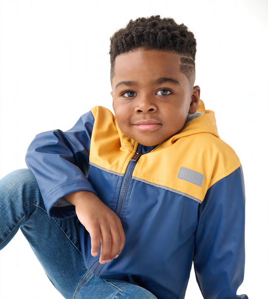 Yellow and navy zip-up rain jacket with a hood, worn by a child, featuring a smooth, waterproof material.