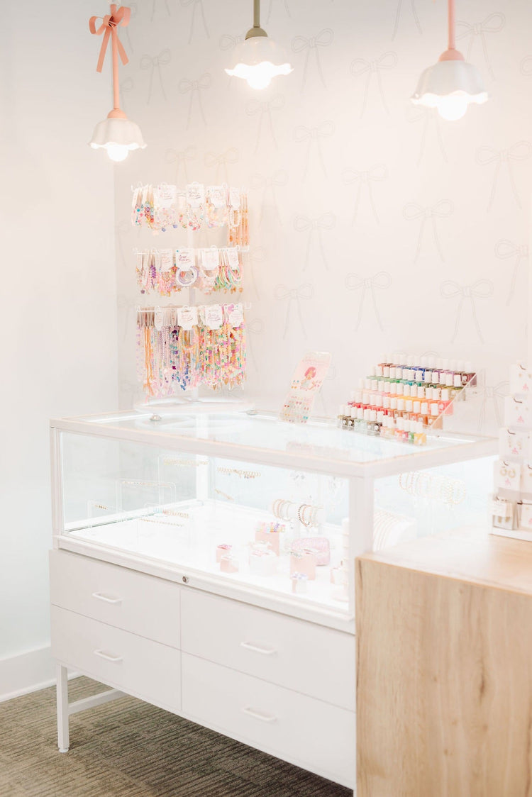 Jewelry case and bracelet display at Sprong Shoes