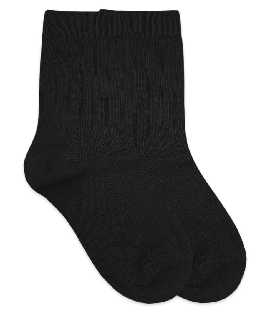 Pair of black boy's cotton ribbed crew socks with a smooth toe and heel, shown on a white background.