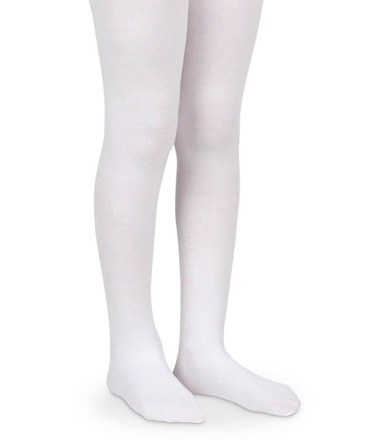 Child's legs wearing smooth white microfiber tights, covering the full leg and feet.