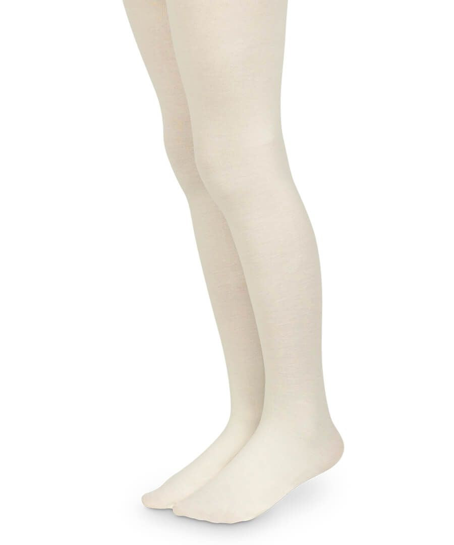 Children's plain light cream Pima cotton tights, smooth texture, covering legs and feet.