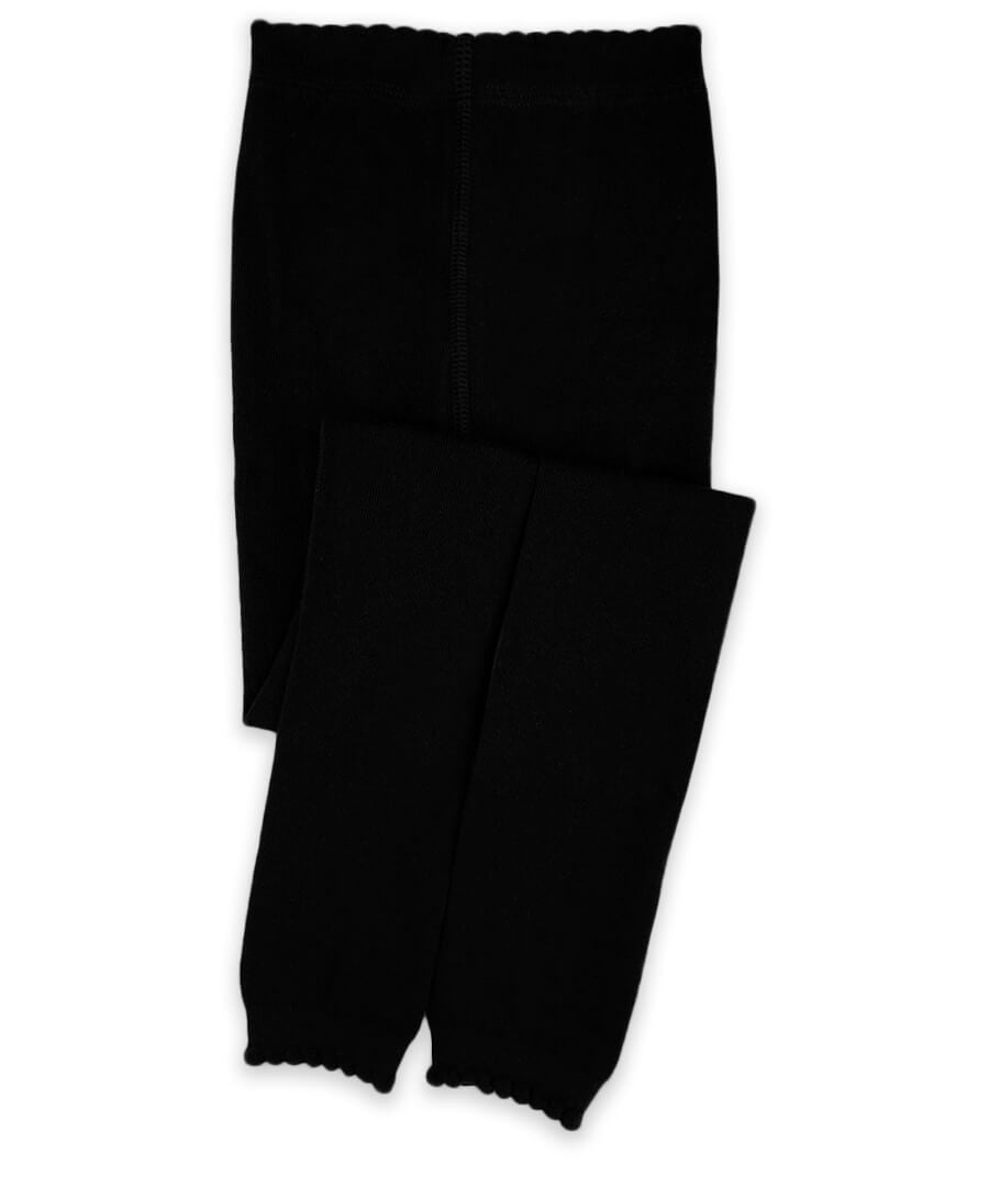 Black Pima cotton footless tights with scalloped cuffs, folded neatly on a white background.