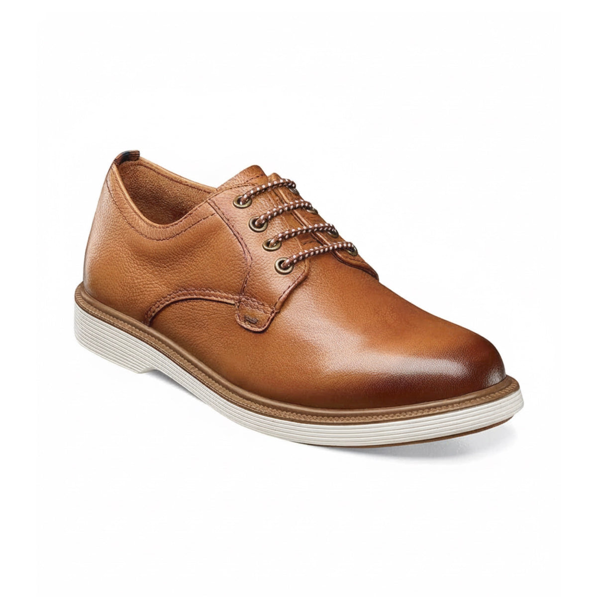 Men's brown leather casual derby shoe with a smooth toe, textured sides, two-tone laces, and a white sole.