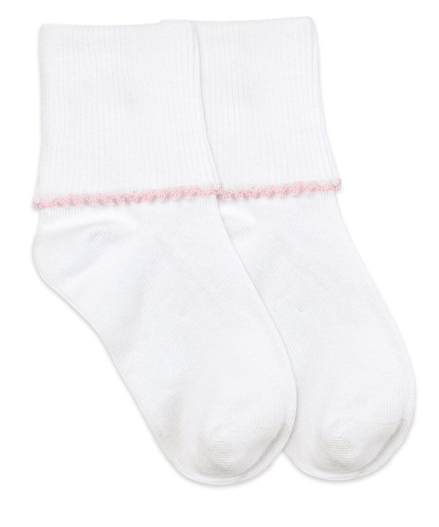 Pair of white seamless turn-cuff socks featuring a delicate pink tatted edge on the cuff.