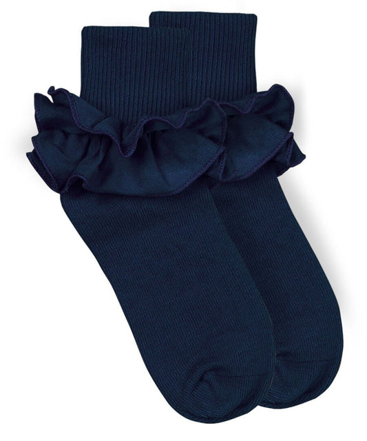 Jefferies Misty Ruffle Lace Turn Cuff Socks in Navy, style 2143
