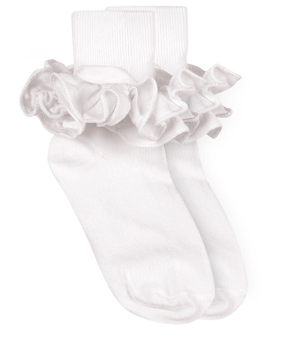 White children's turn cuff socks with delicate ruffles around the ankle.