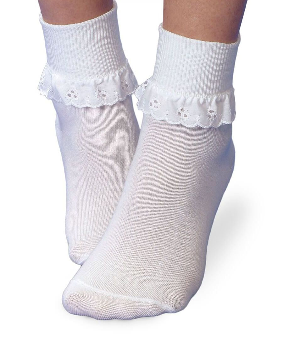 White turn cuff socks with ruffled eyelet lace trim around the ankles.