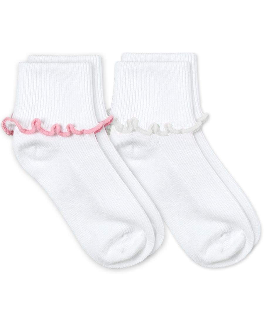 Two pairs of white children's ankle socks, one with a pink ripple edge cuff and the other with a white ripple edge cuff.