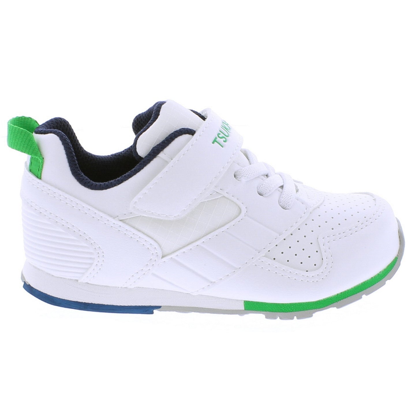 White Tsukihoshi Racer Baby sneaker with green heel pull tab, navy collar, green and blue sole accents, and a Velcro strap.