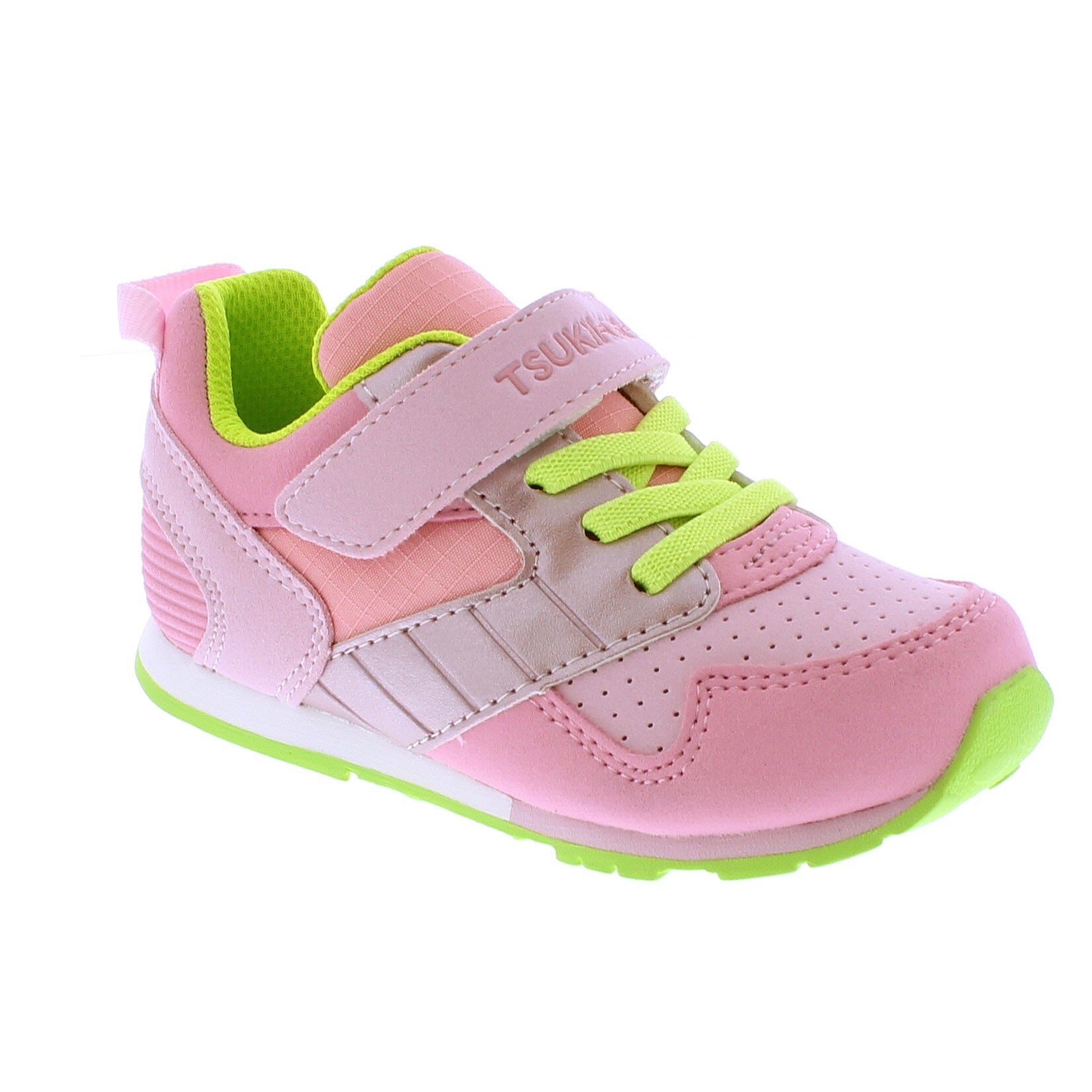 Children's pink and neon green sneaker with a Velcro strap featuring 'TSUKIHOSHI' text, neon green laces, and a perforated toe.