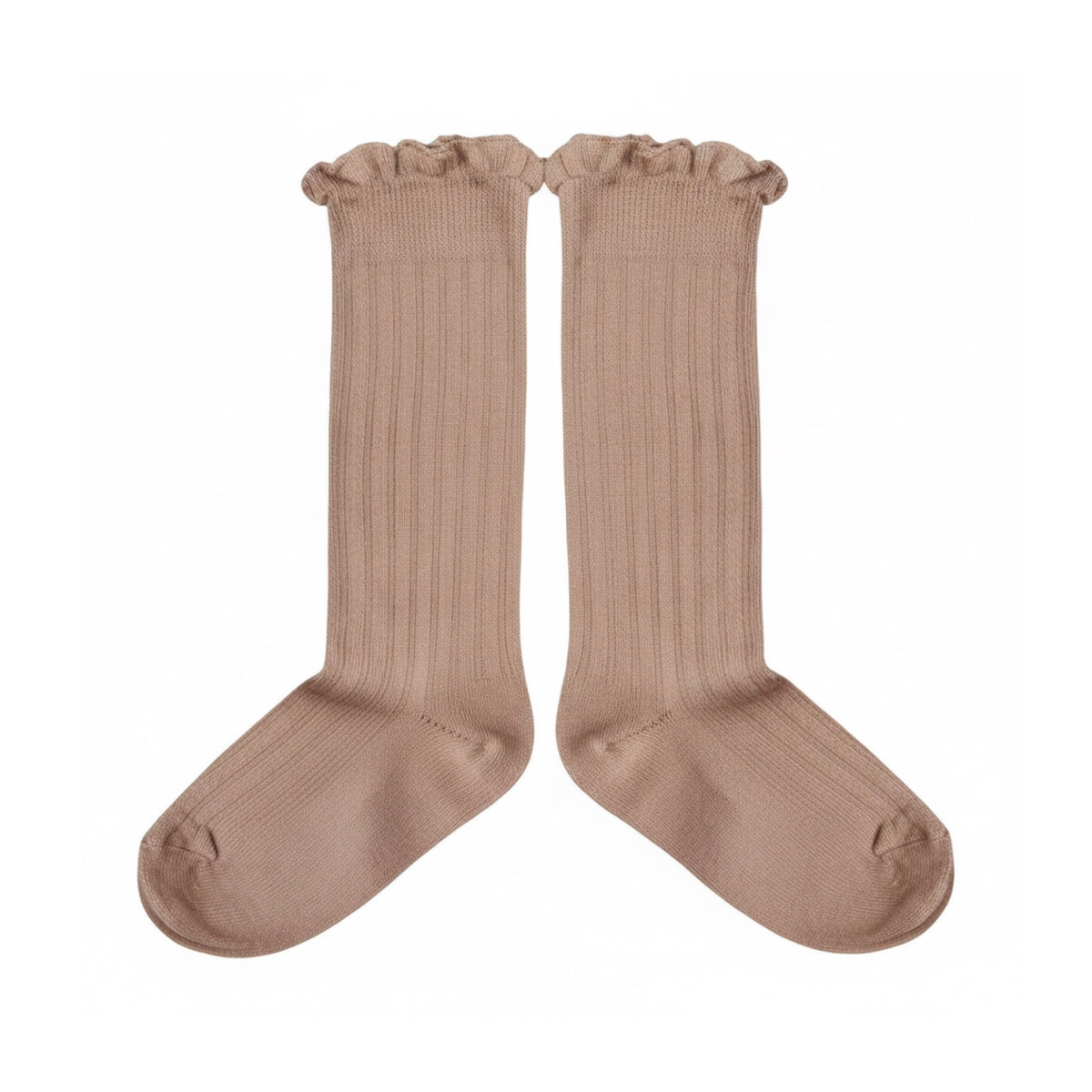 Pair of dusty rose ribbed knee-high socks with a ruffled top edge.