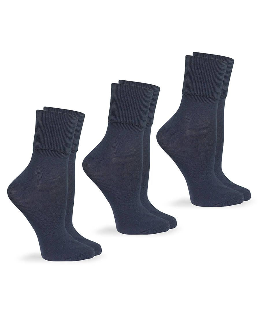 Three pairs of navy blue smooth toe turn cuff socks, displayed on invisible feet with ribbed cuffs.