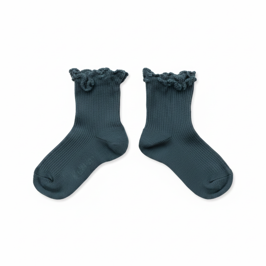 Dark teal ribbed children's Lili socks with ruffled cuffs, shown as a pair.