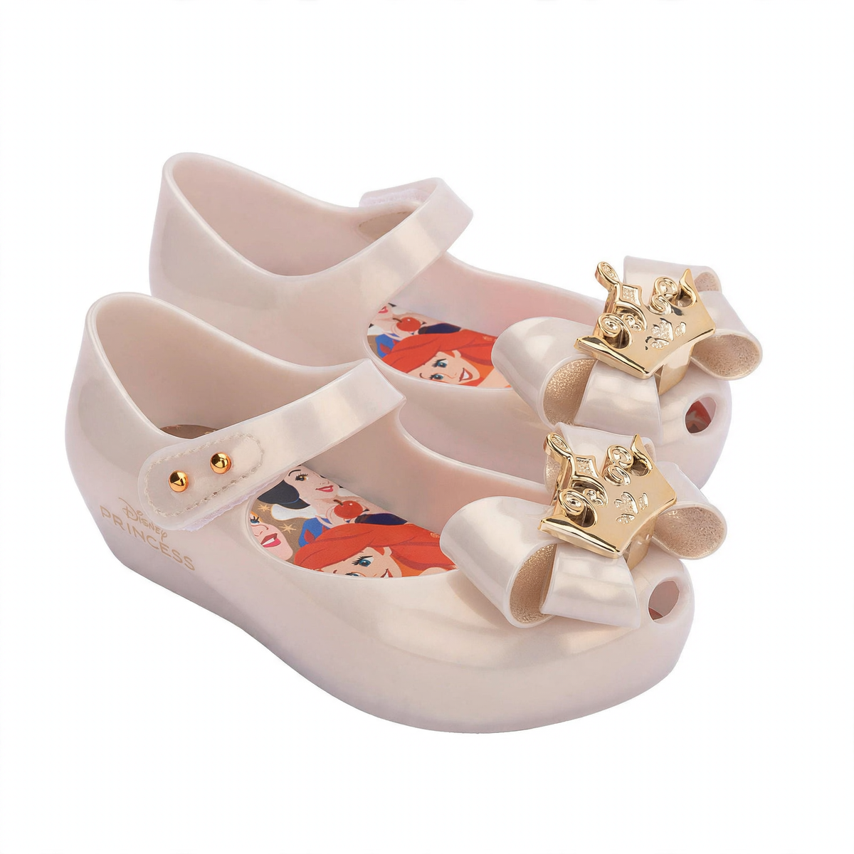 Mini Melissa Ultragirl Disney Princess baby ballet flats in Metallic Beige with crown bows