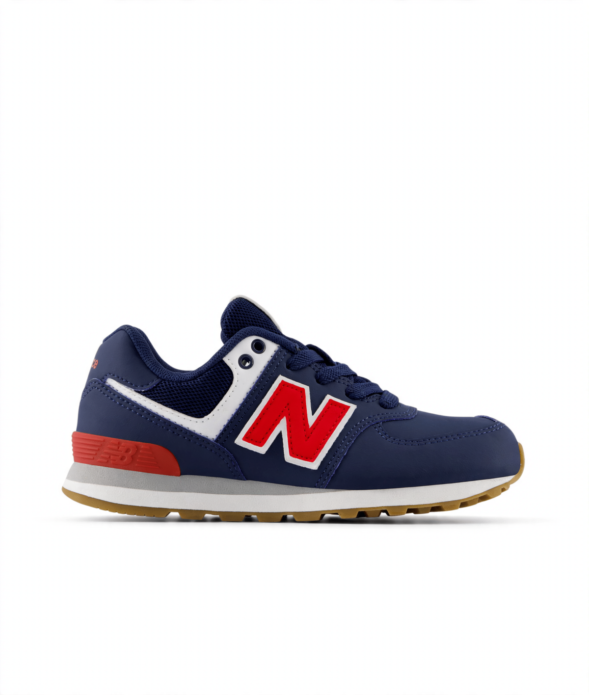 Navy blue New Balance 574 Core Lace little kids' sneaker with a red 'N' logo, white trim, red heel accent, and brown sole.