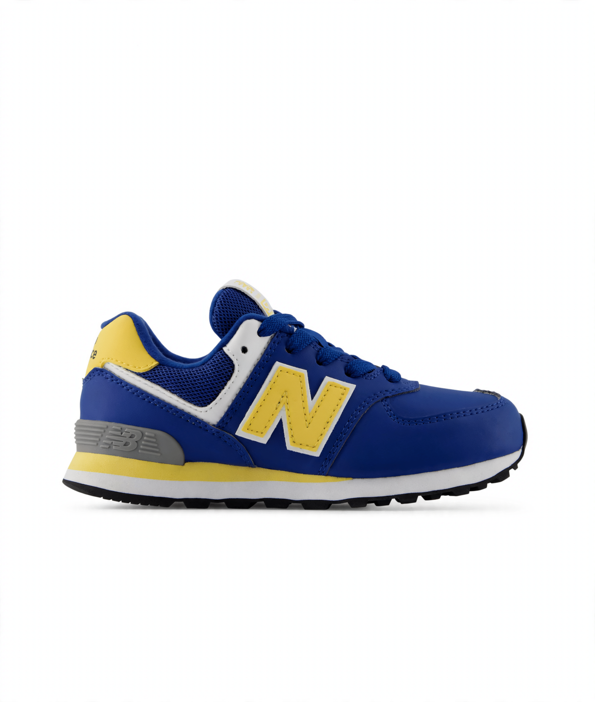 Blue and yellow New Balance 574 Core Lace little kids' sneaker with white accents and grey heel detail.