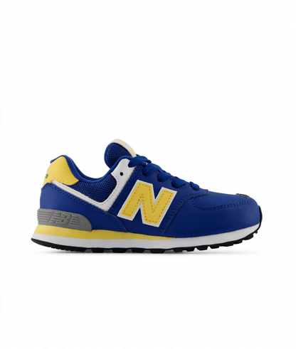 Blue and yellow New Balance 574 Core Lace little kids' sneaker with white accents and grey heel detail.