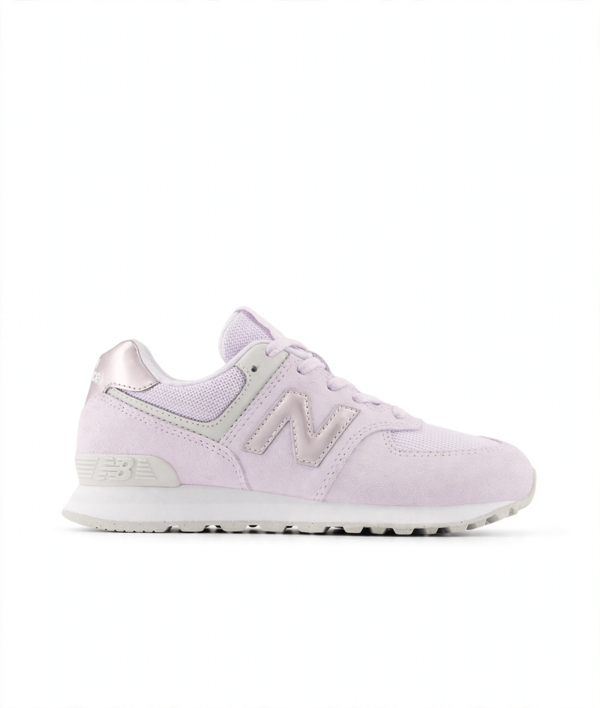 Light purple New Balance 574 Core Lace little kids' sneaker with white sole and metallic silver accents.